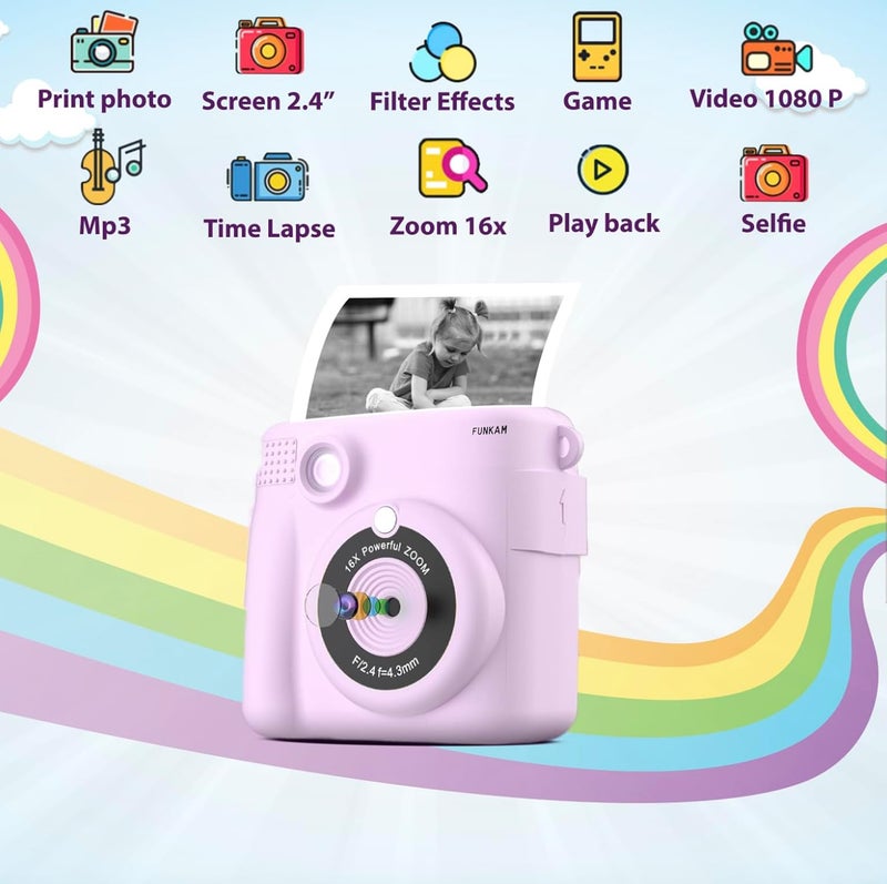FUNKAM Instant Print Camera for Kids - 2.4" HD 1080P - with 32GB SD Card, 5 Markers, Stickers, 5 Paper Rolls, Lanyard. Camera Boys and Girls from 3 to 14 Years Old. (Purple) - Image 2